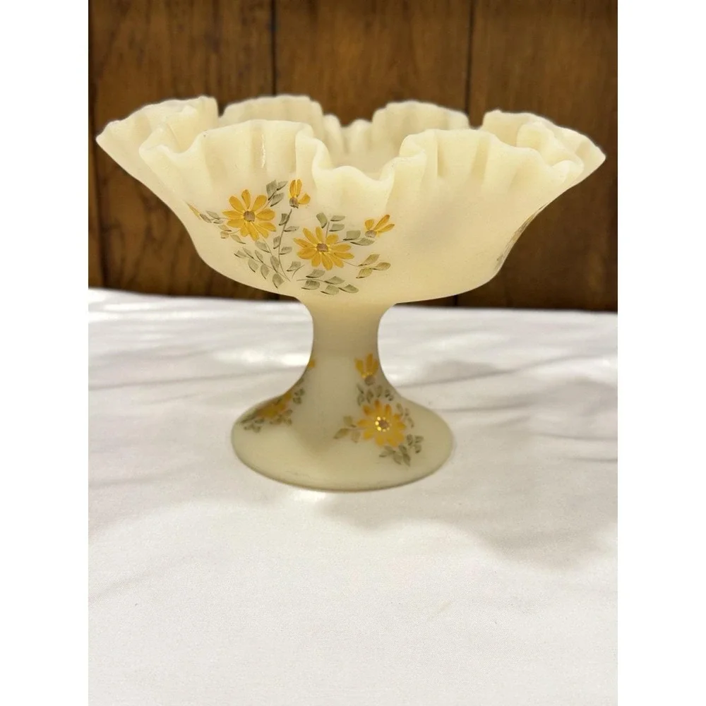 Fenton Satin Custard Compote Pedestal Ruffle Top Candy Dish Bowl Hand Painted